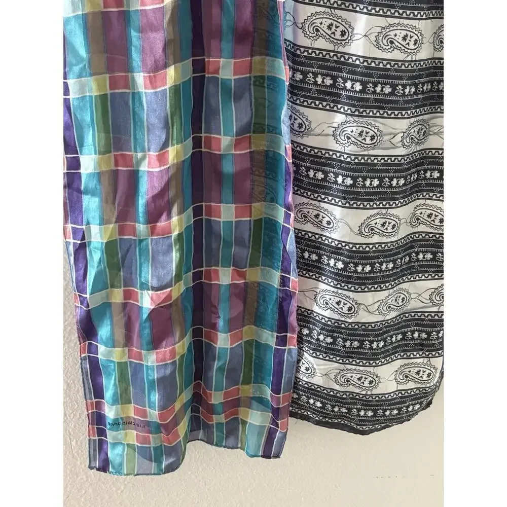 2 Silk Scarves Liz Claiborne Plaid & Paisley Gray White 58x9 & 26x11
